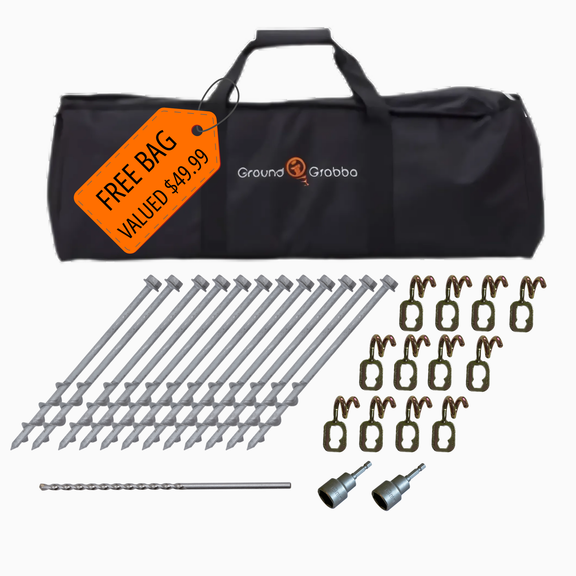 Ground Grabber kit with black carrying bag, stakes, hooks, drill bit, and accessories on a white background.