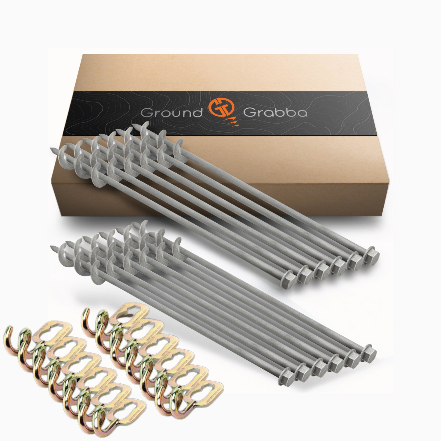 GroundGrabba Pro l | 465mm | Screw-In Tent Peg Ground Anchors | Unbreakable | 8 or 24 Piece Kit | 7X Grip | New 16mm Hex Series