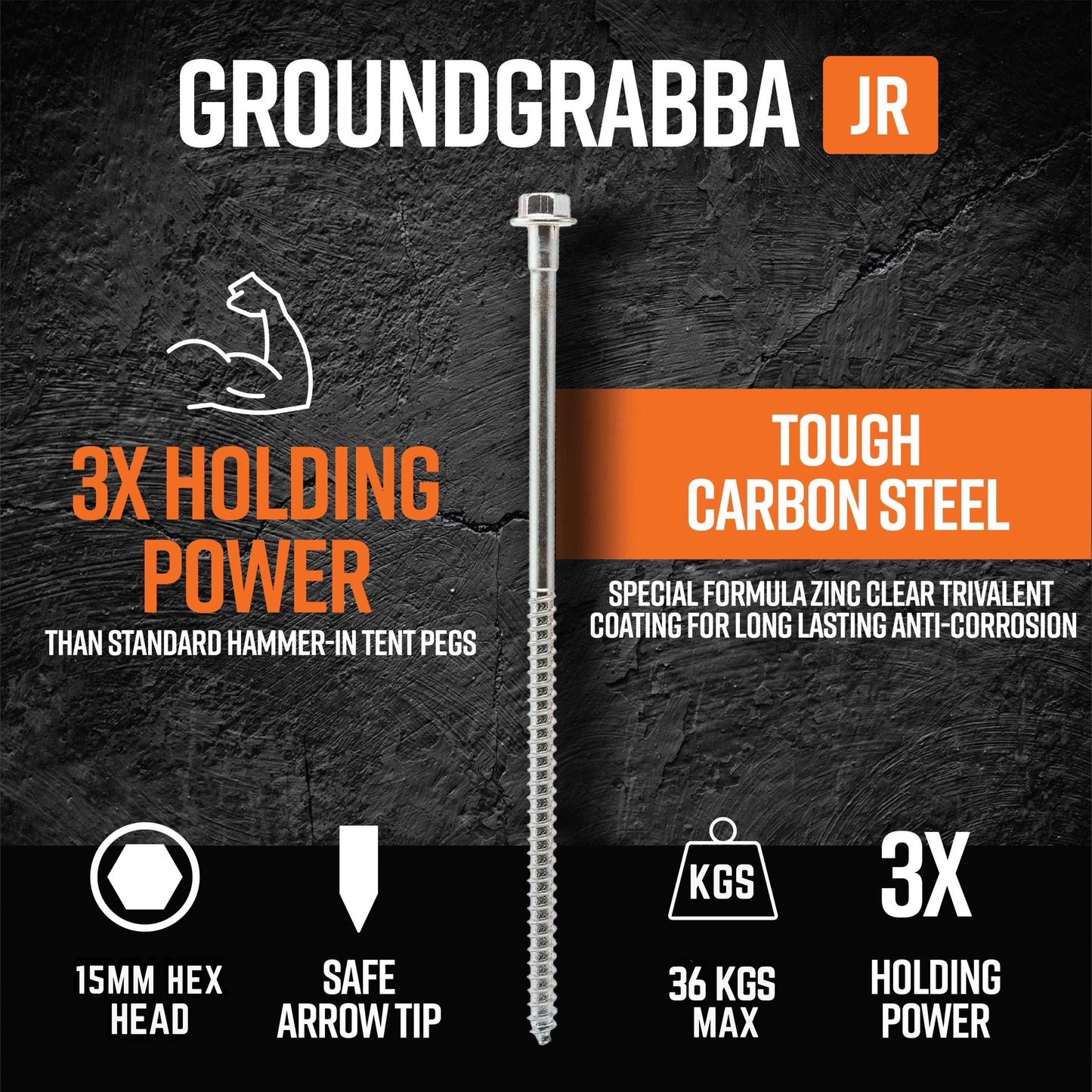 GroundGrabba Junior 13 Piece Screw-In Tent Peg Kit | 15mm Hex Head | Medium to Harder Grounds | Multiple Adaptors & Socket Included