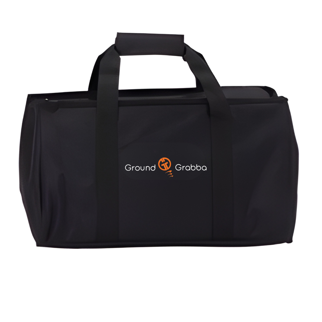 Black duffel bag with 'Ground Grabba' logo on a white background