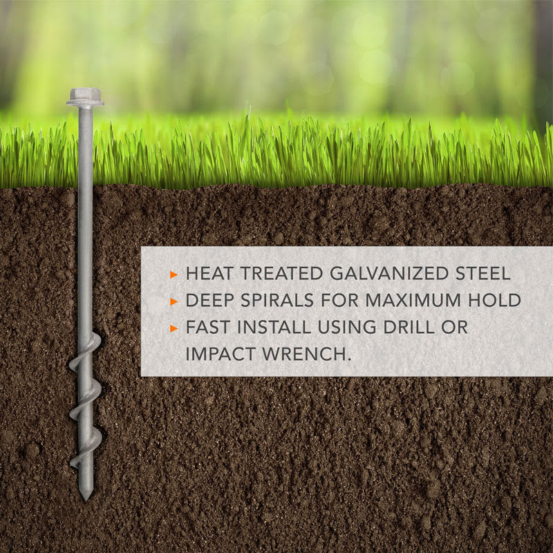 GroundGrabba Pro 300mm screw-in tent peg shown in split view, half above and half below ground, demonstrating secure anchoring for tents, gazebos, and tarpaulins.