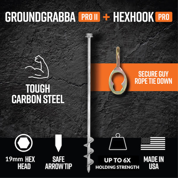 GroundGrabba Pro II | 615mm | Screw-In Tent Peg Ground Anchors | Unbreakable | 8 or 24 Piece Kit | 7X Grip | New 16mm Hex Series