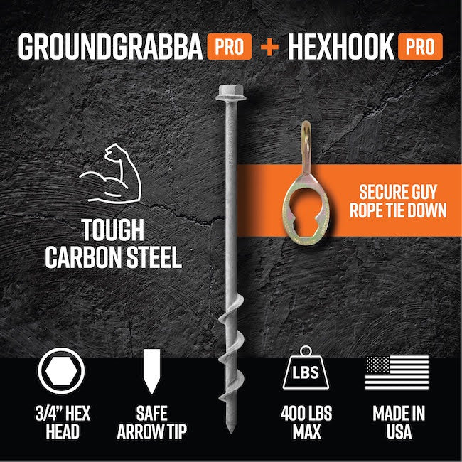 GroundGrabba Pro l | 465mm | Screw-In Tent Peg Ground Anchors | Unbreakable | 8 or 24 Piece Kit | 7X Grip | New 16mm Hex Series