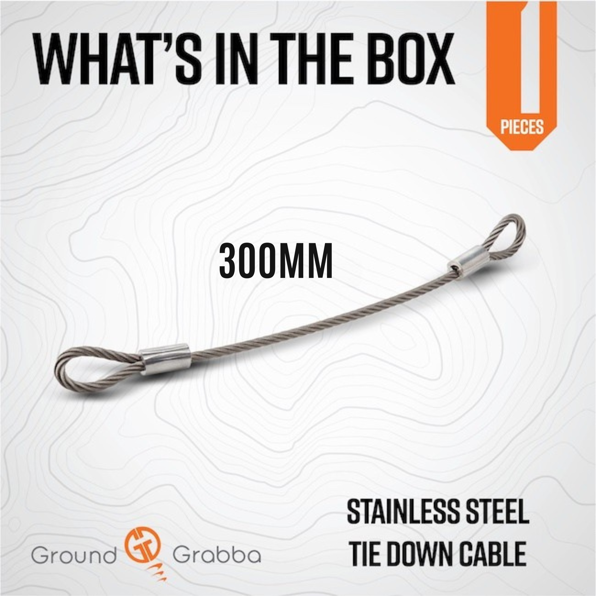 300mm Stainless steel tie down cable with 'Ground Grabba' branding on a white background