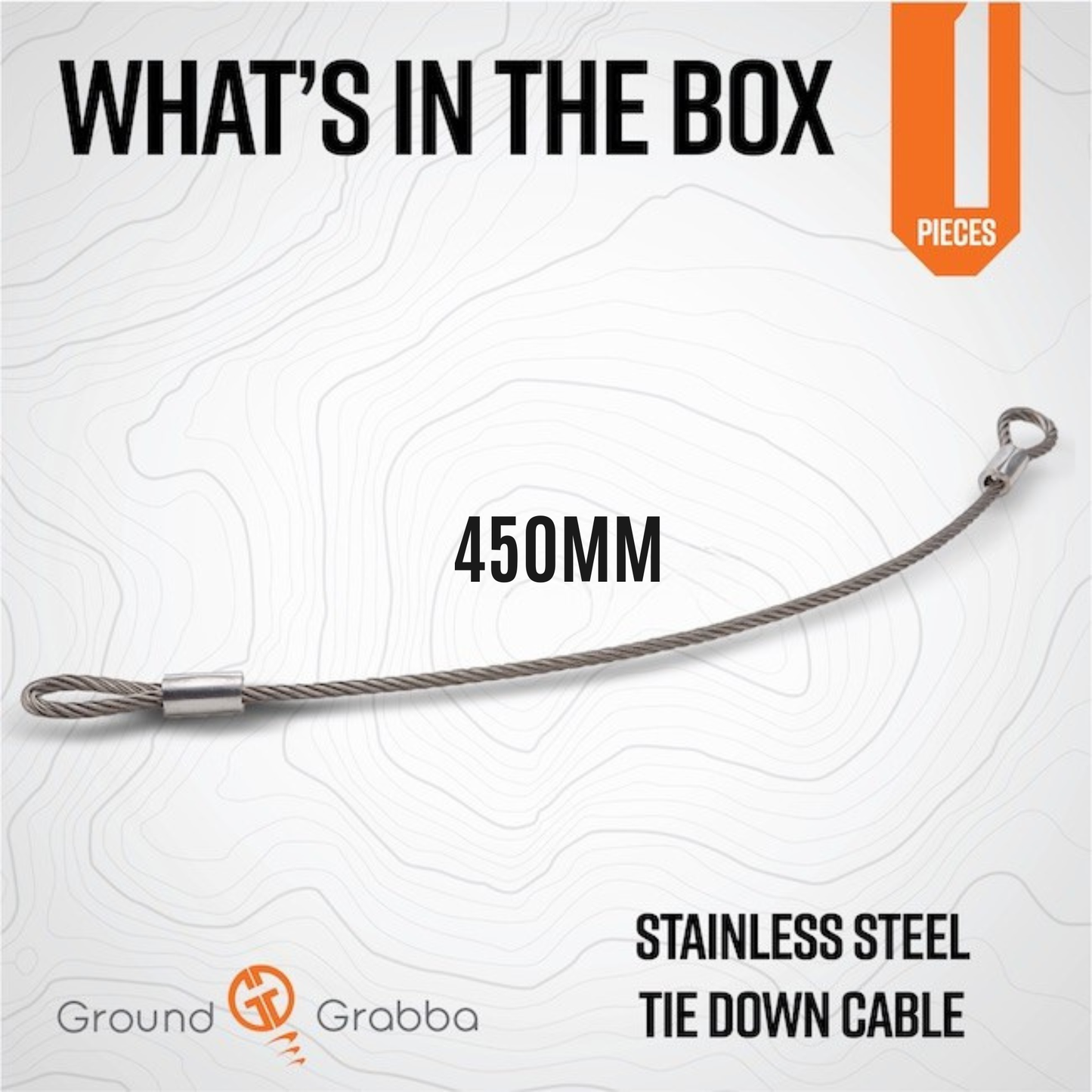 Stainless steel tie down cable with 'Ground Grabba' branding on a white background