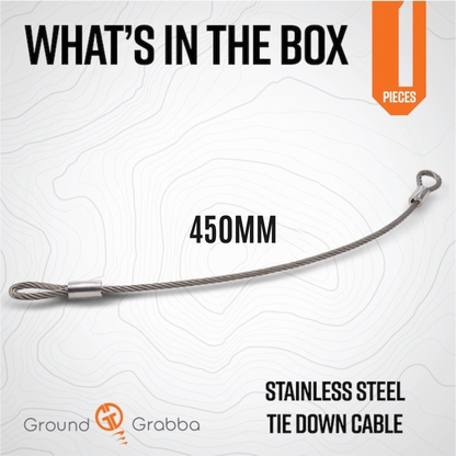 Stainless steel tie down cable with 'Ground Grabba' branding on a white background