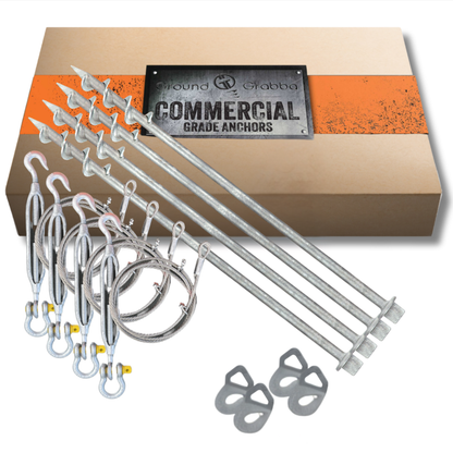 4piece 600mm Set of metal anchors with turnbuckle tie downs in packaging labeled 'Commercial Grade Anchors' on a white background.