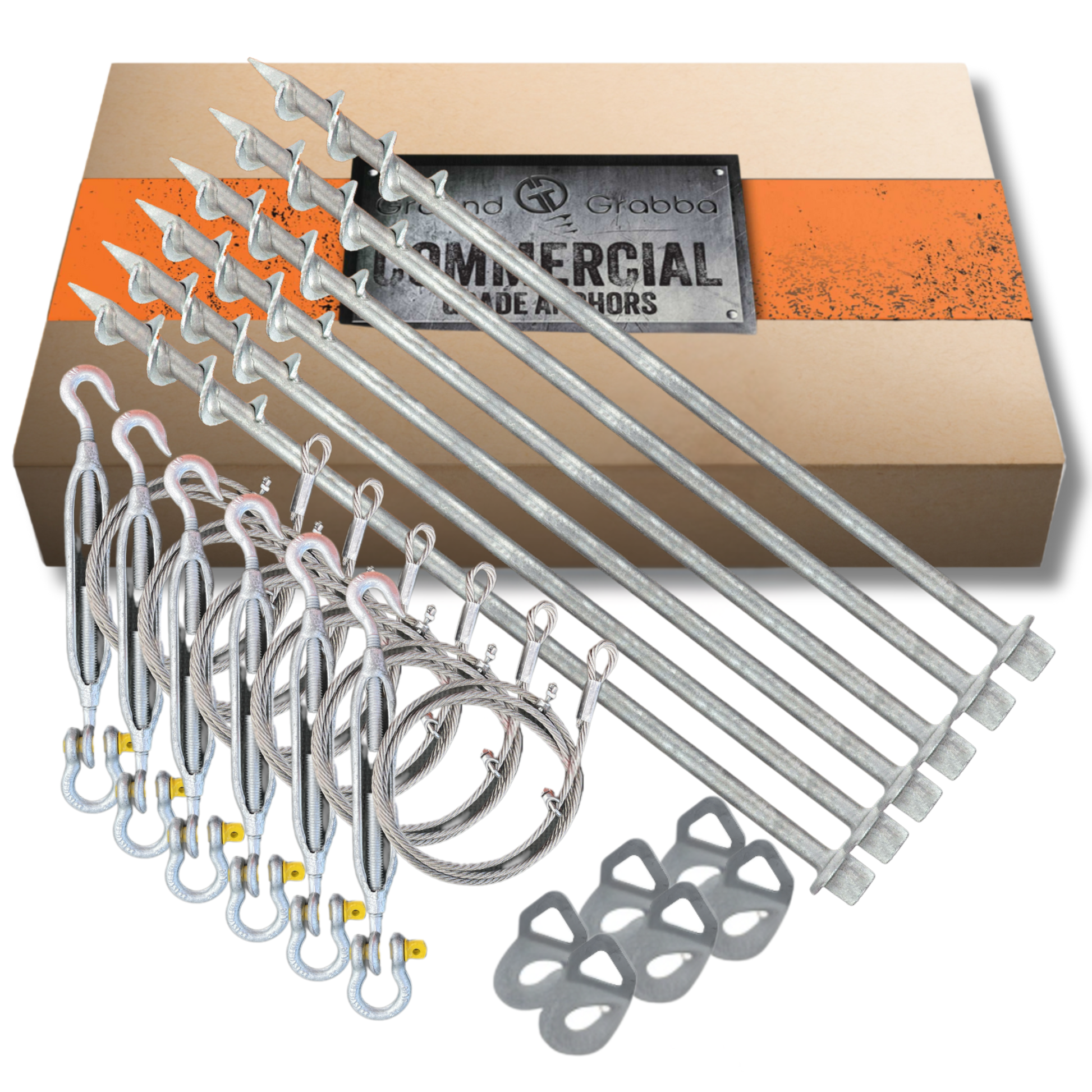 6piece 600mm Set of metal hooks and stakes with turnbuckle tie downs in a branded box in the background