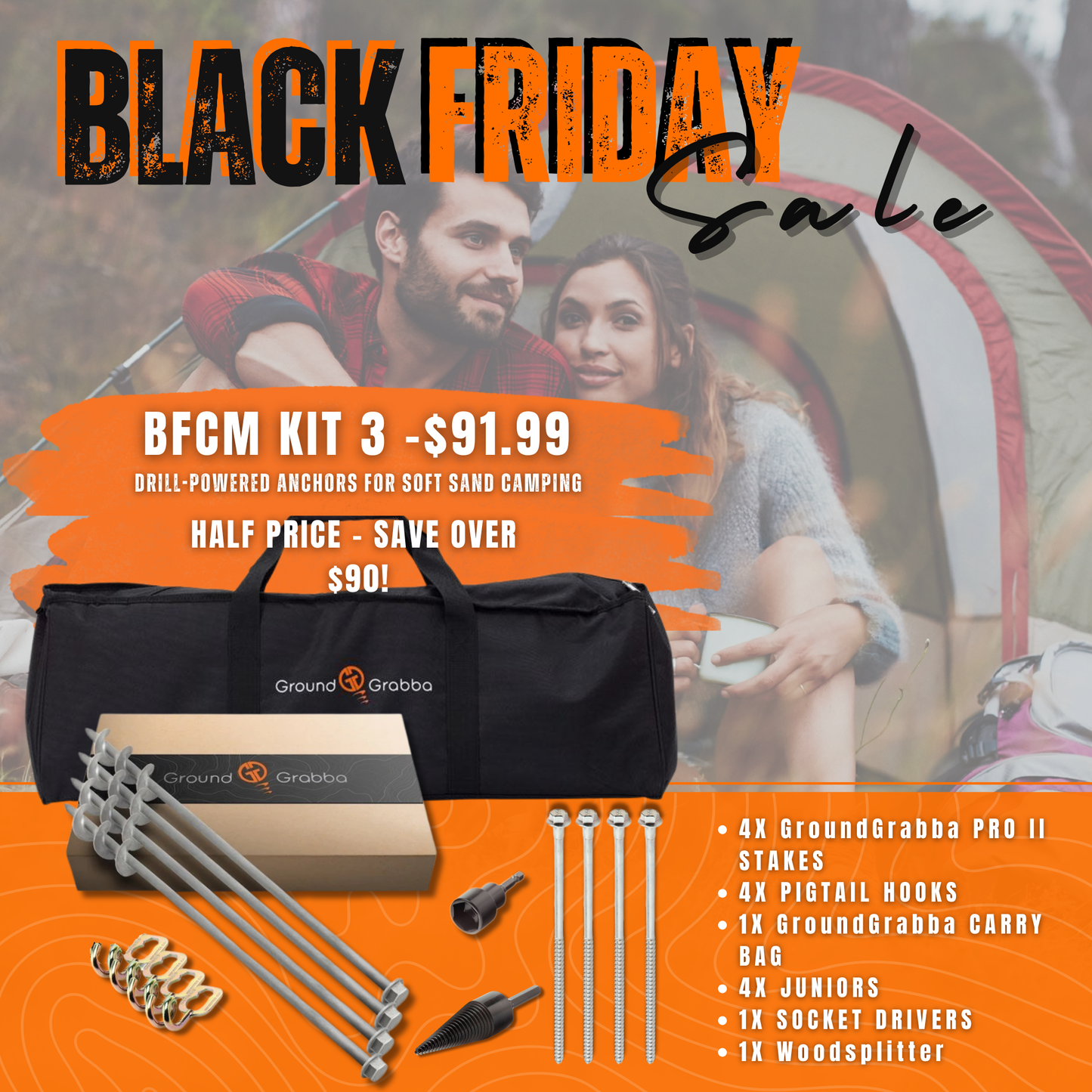 Black Friday sale advertisement for Ground Grabba camping kit with a couple in the background.