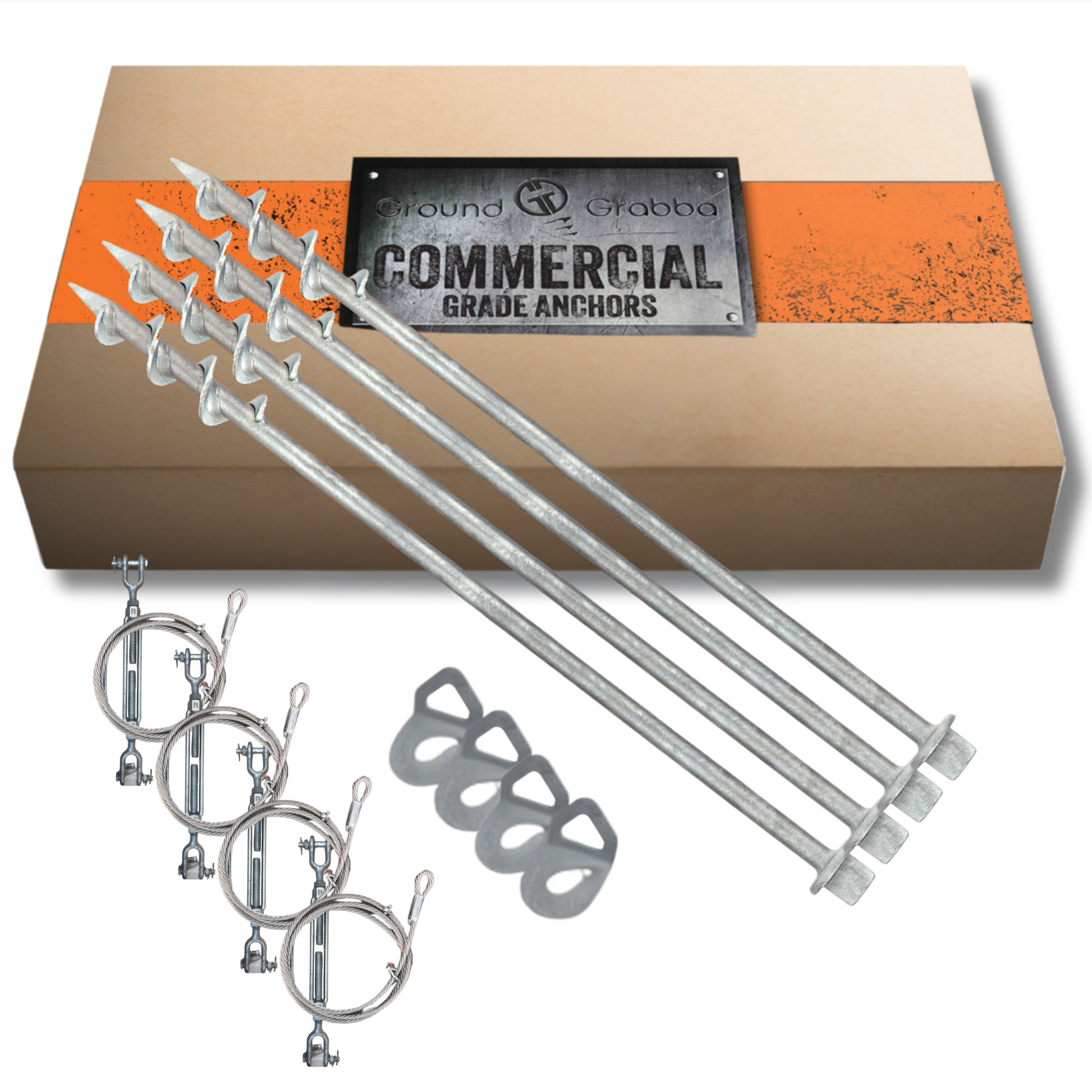 4piece 600mm Set of metal anchors with turnbuckle tie downs in packaging labeled 'Commercial Grade Anchors' on a white background.