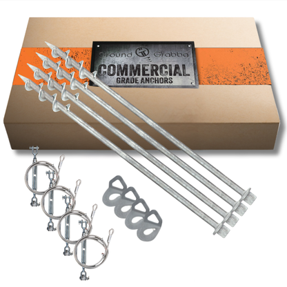 4piece 600mm Set of metal anchors with turnbuckle tie downs in packaging labeled 'Commercial Grade Anchors' on a white background.