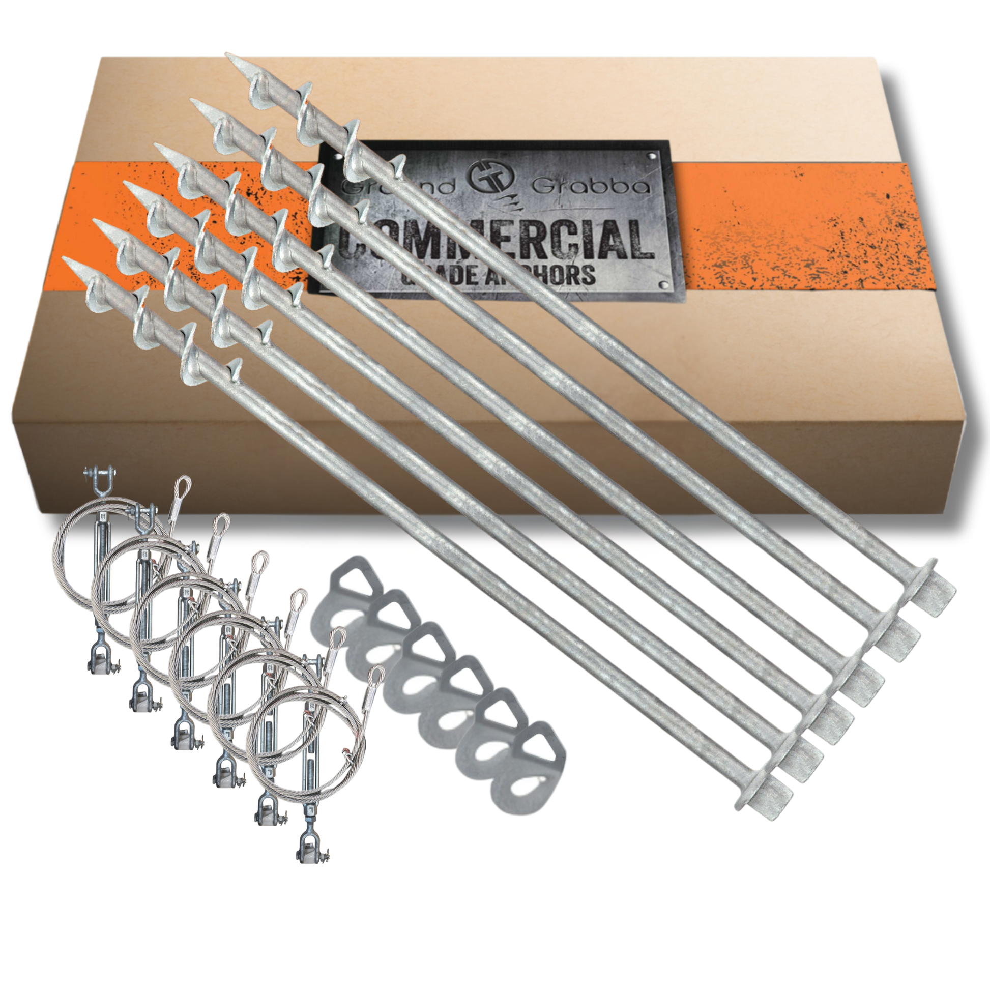 6piece 600mm Set of metal hooks and stakes with turnbuckle tie downs in a branded box in the background