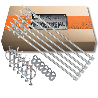 6piece 600mm Set of metal hooks and stakes with turnbuckle tie downs in a branded box in the background
