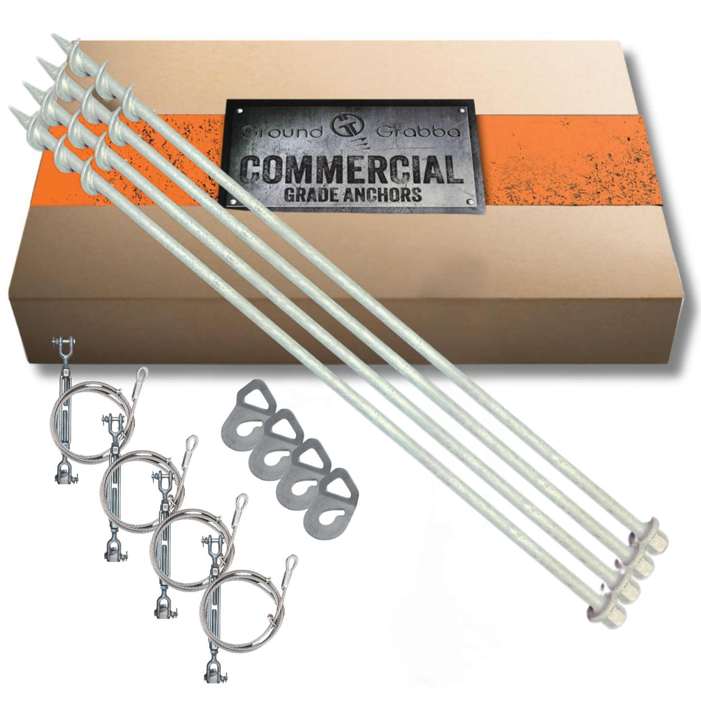 900mm 4piece Commercial grade anchors with turnbuckle tie downs and hooks in packaging on a white background