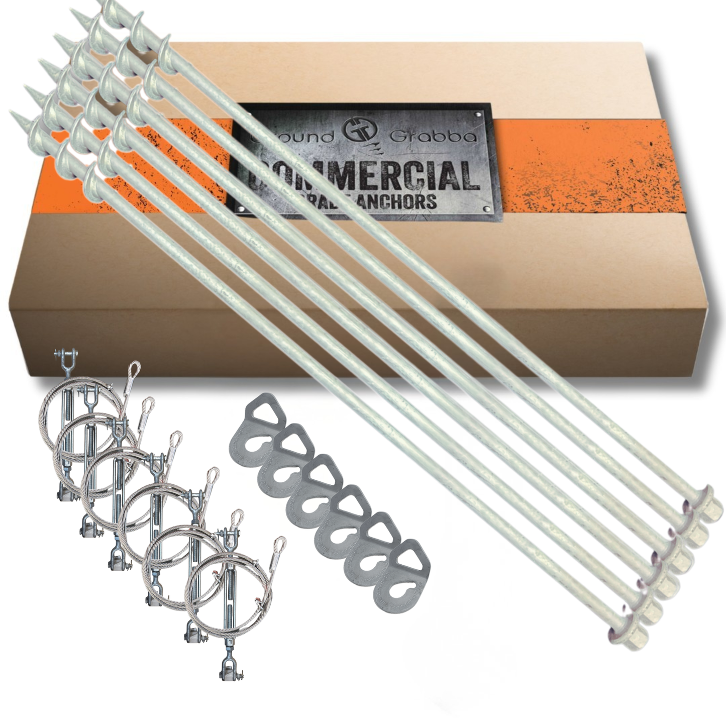 Set of metal anchors with packaging labeled 'Commercial Anchors' on a white background.