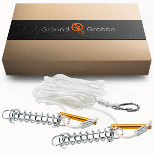 Ground Grabba product with rope and metal components on a white background