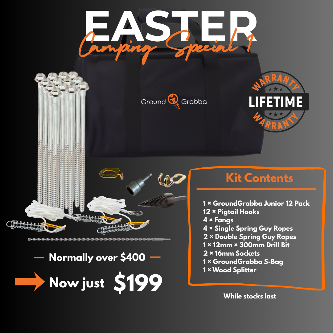 Promotional image of a camping kit with Ground Grabba branding and Easter camping special offer.