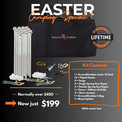 Promotional image of a camping kit with Ground Grabba branding and Easter camping special offer.