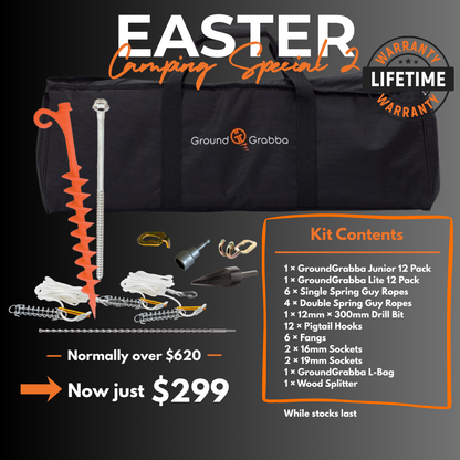 Ground Grabba camping kit with tools and accessories on a black background, featuring an Easter Camping Special offer.