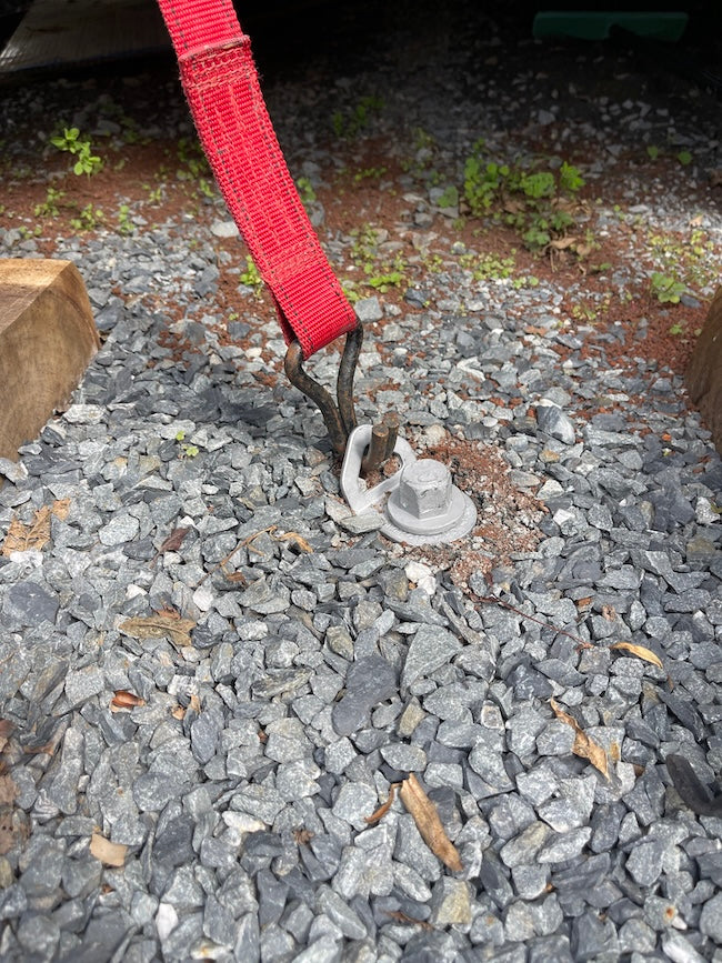 Closed-Hook-Tie-Down-Point-GroundGrabba-adaptor-galvanised-shown -attached-to-a -installed-GroundGrabba-with-ratchet-strap-connected-01