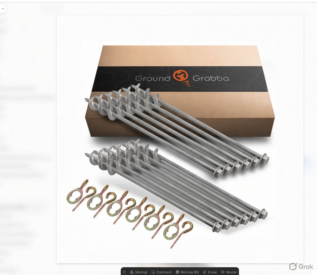 GroundGrabba Pro II | 615mm | Screw-In Tent Peg Ground Anchors | Unbreakable | 8 Piece Kit | 7X Grip | New 16mm Hex Series