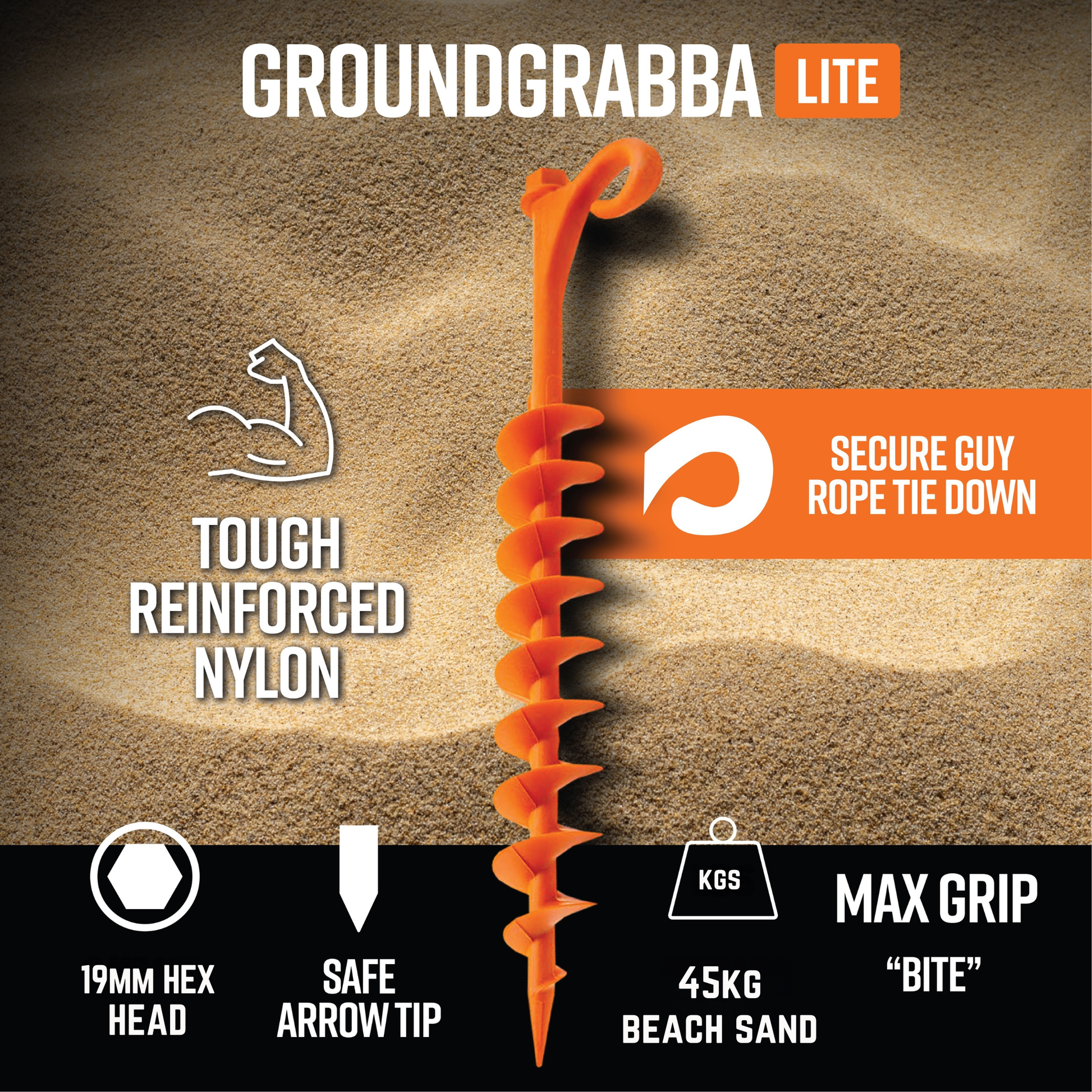 Orange GroundGrabba Lite product on a sand background with features highlighted.