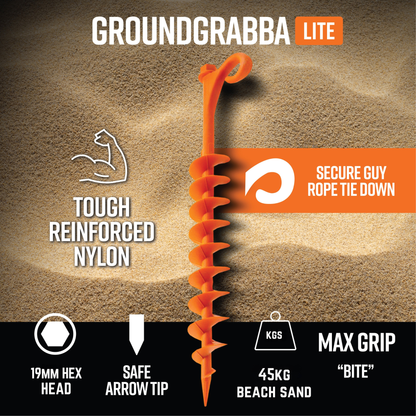 Orange GroundGrabba Lite product on a sand background with features highlighted.