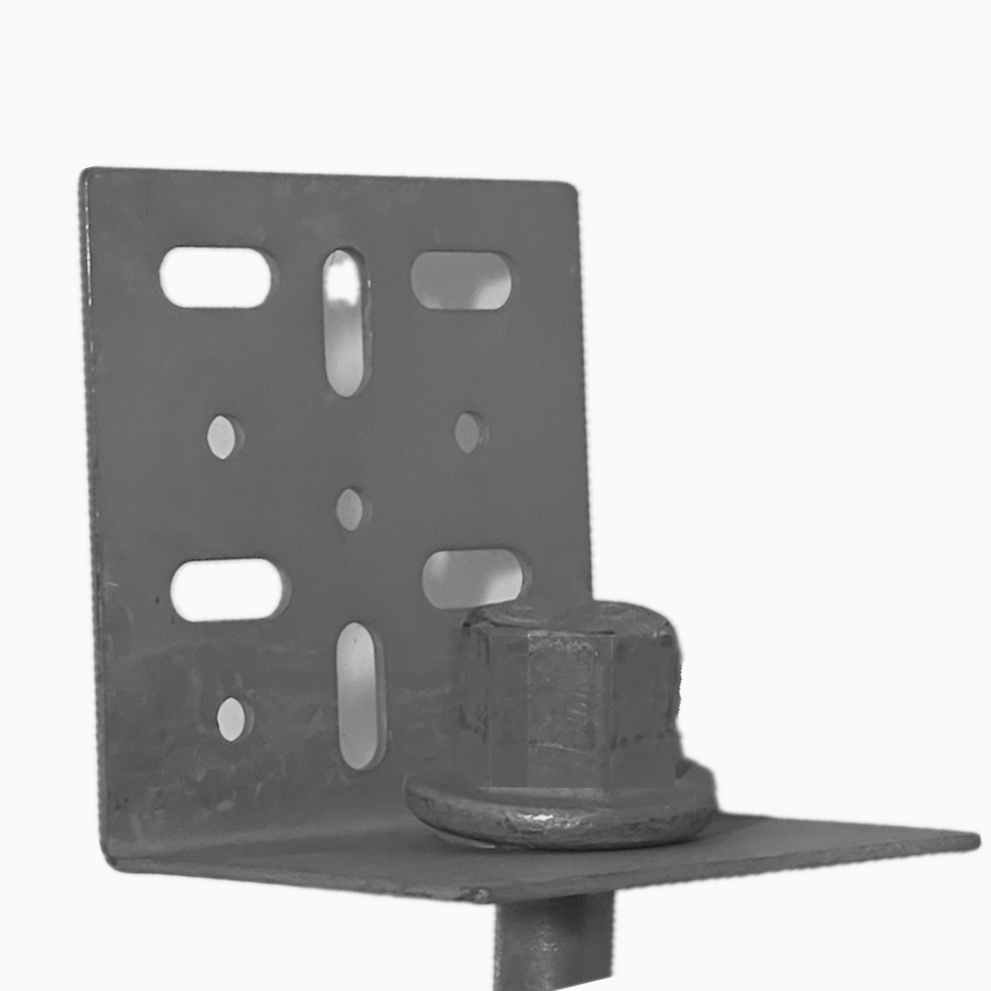 GroundGrabba Multi L Bracket heavy-duty steel mounting plate attached to a screw-in ground anchor, used for securing portable buildings, decking, and site structures