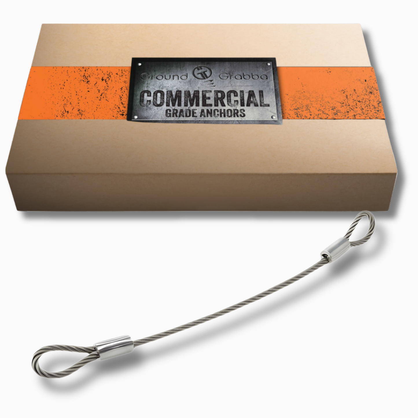 Box labeled 'Commercial Grade Anchors' with a metal anchor on a white background for cable tie down.