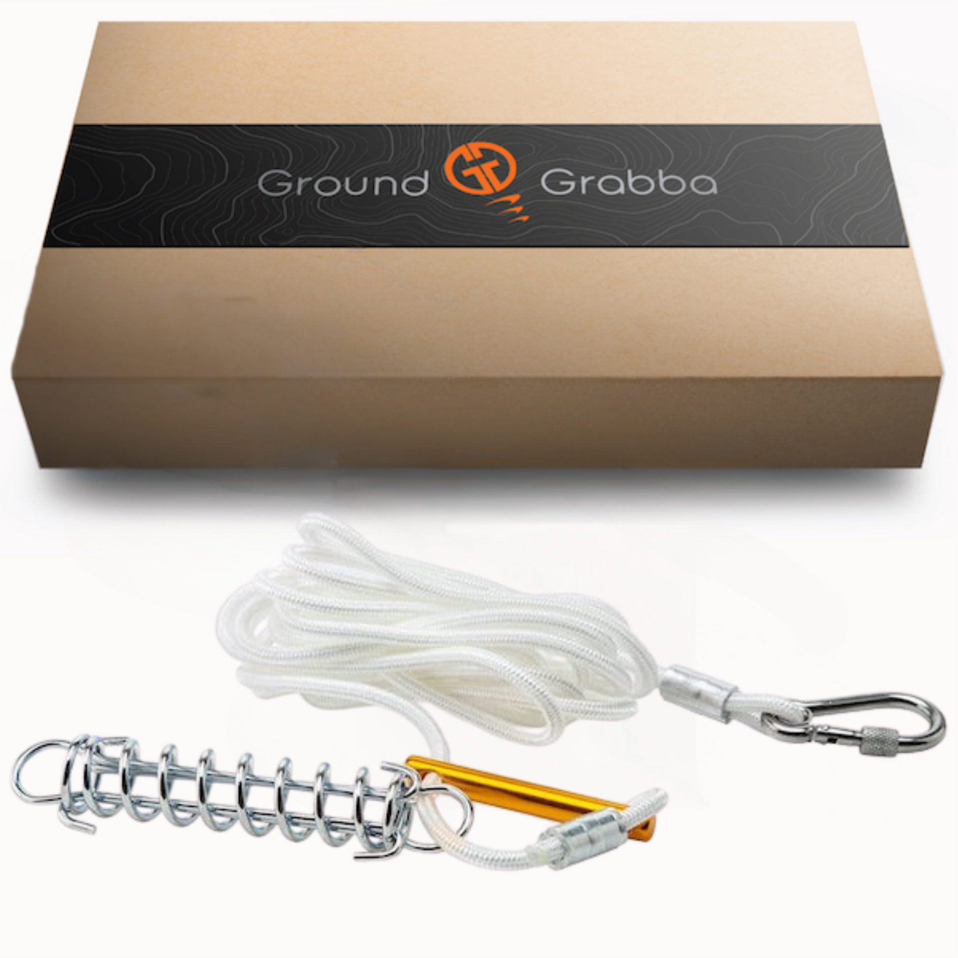 Ground Grabba product with cable and tool on a white background