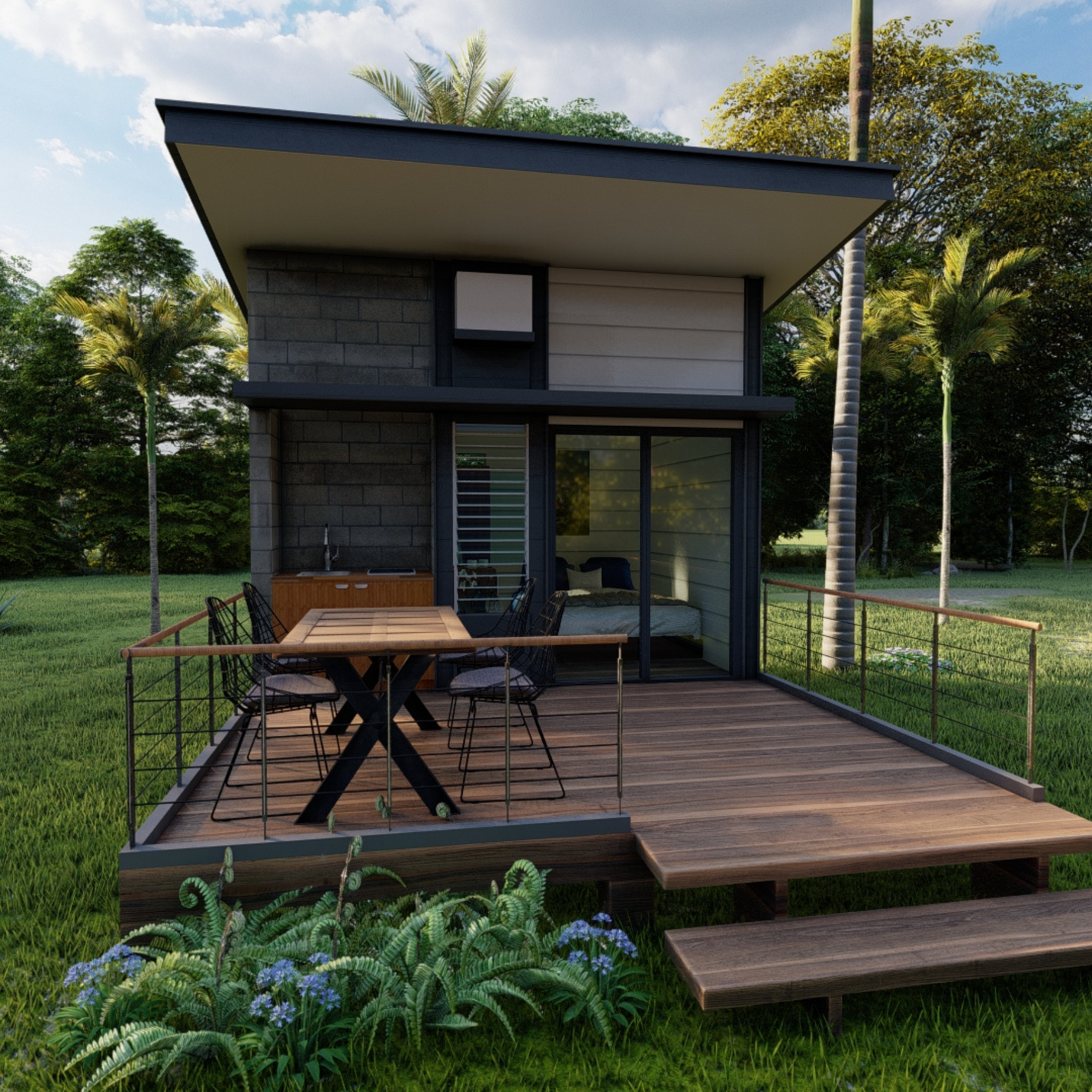 Modern tiny home with timber deck in a grassy landscape, representing how GroundGrabba Commercial screw-in ground anchors secure portable buildings and site offices