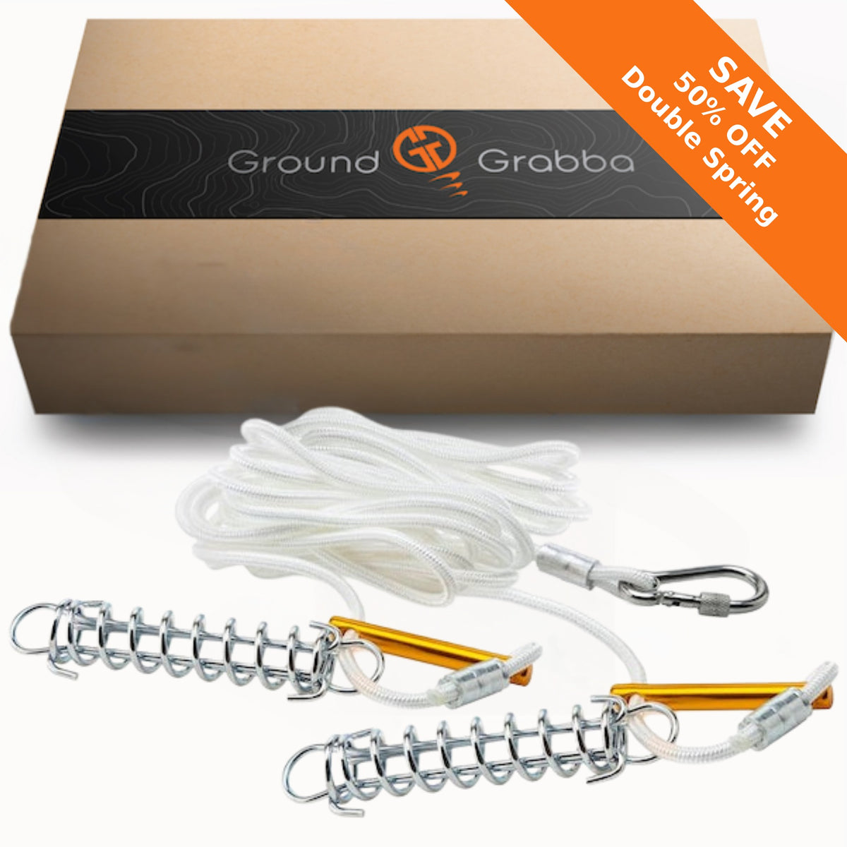 GroundGrabba Double Spring | Guy Rope | Tent | Tarp | Annexe | Anodised Tensioner | Easy Carabiner Connection