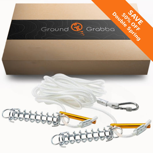 GroundGrabba Double Spring | Guy Rope | Tent | Tarp | Annexe | Anodised Tensioner | Easy Carabiner Connection