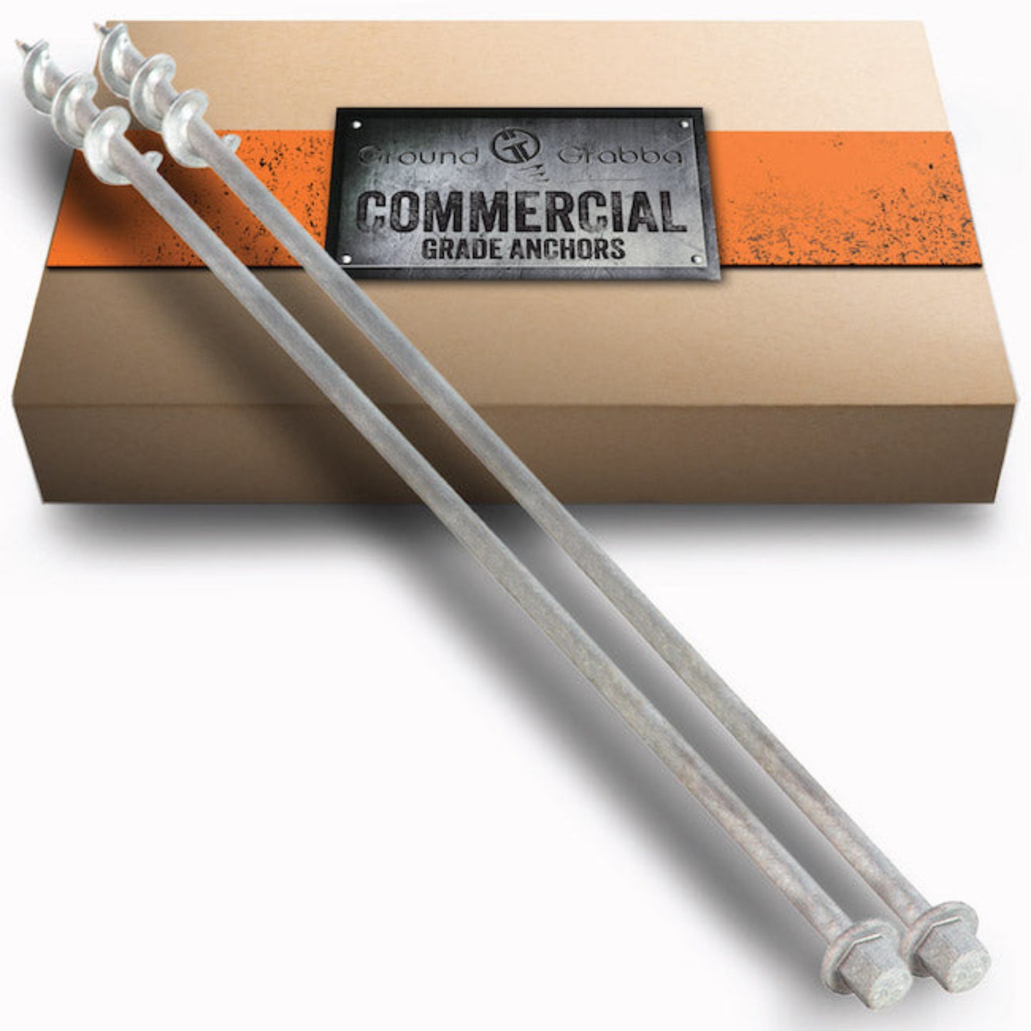 GroundGrabba Commercial Pro II 900mm screw-in ground anchors, pair of anchors displayed in front of branded Commercial Grade Anchors packaging box.