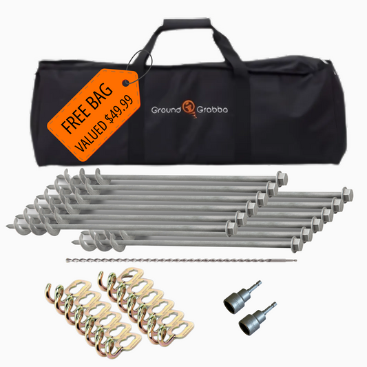 GroundGrabba K’gari Island Kit 2 – Pro I 450mm screw-in ground anchor set with hooks, drill bit, socket drivers, and free carry bag