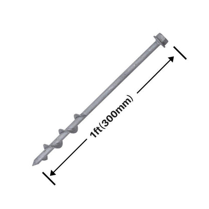 GroundGrabba Pro 300mm screw-in tent peg and heavy-duty ground anchor with measurement overlay, designed for securing tents, gazebos, and tarpaulins when camping.