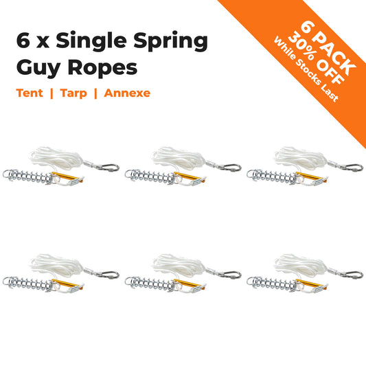 6 x GroundGrabba single spring guy ropes, 6 pack 30% off while stocks last