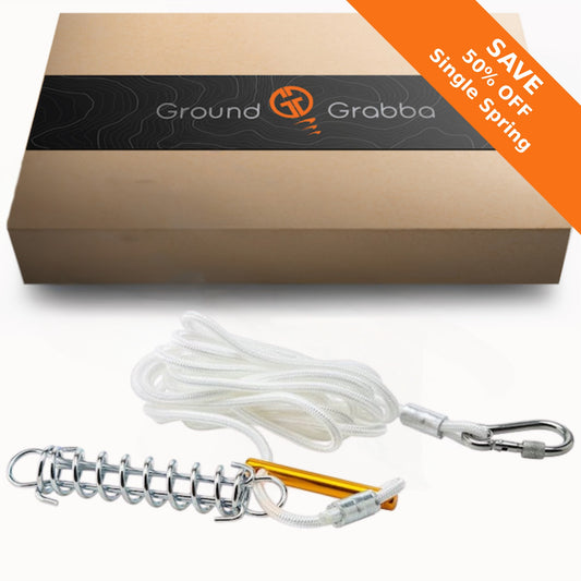 GroundGrabba Single Spring | Guy Rope | Tent | Tarp | Annexe | Anodised Tensioner | Easy Carabiner Connection